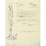 Typed Letter signed "Henry" to Barry Hart, 1p., sm  (Henry,  sculptor,   1898-1986)   Typed Letter