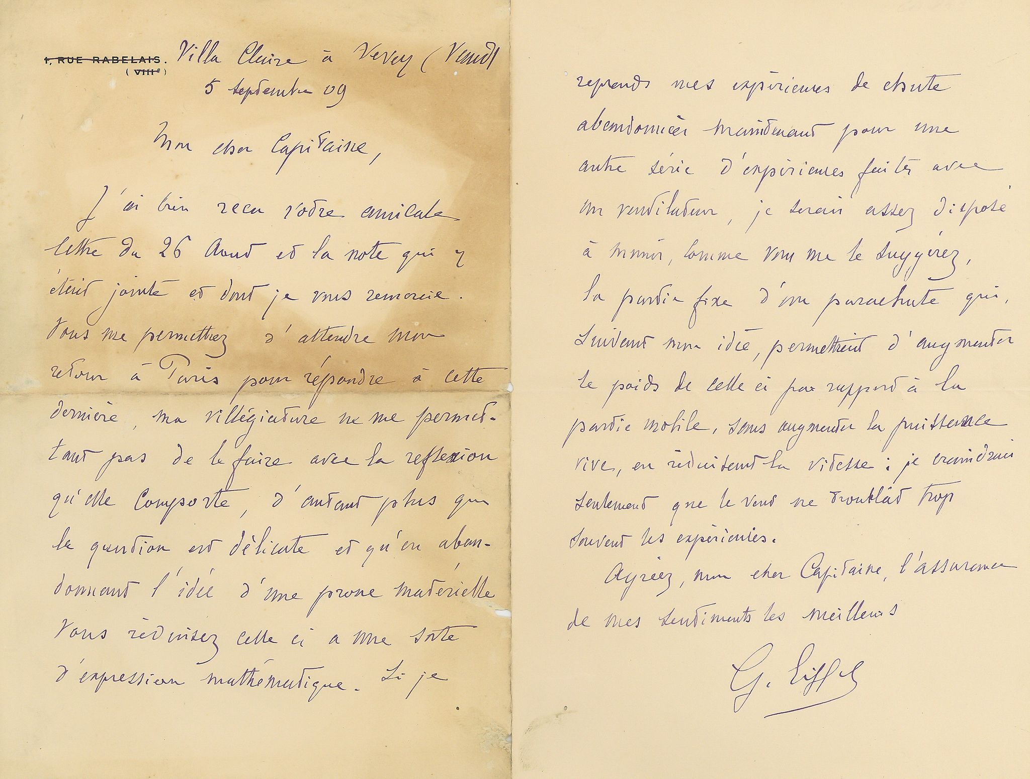 Autograph Letter signed to "Mon cher Capitaine", 2pp  (Gustave,  civil engineer and architect,