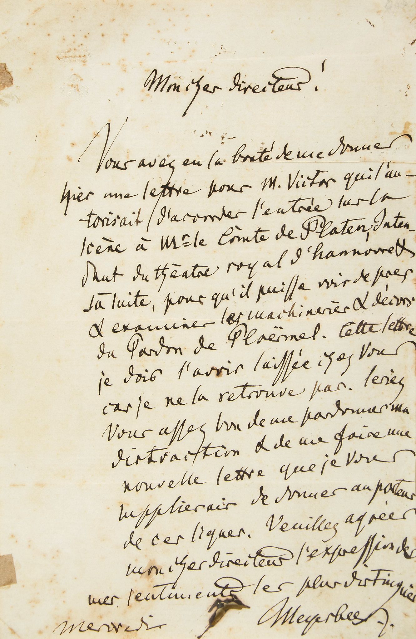 Autograph Letter signed to "Monsieur Directeur", 1p  (Giacomo,  composer,   1791-1864)   Autograph
