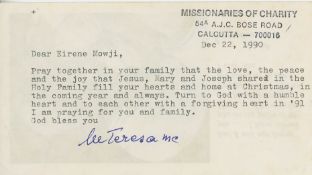 Typed Note signed "M Teresa MC" to Eirene Mowji, 90 x 160mm  (Blessed Teresa of Calcutta, M.C.,