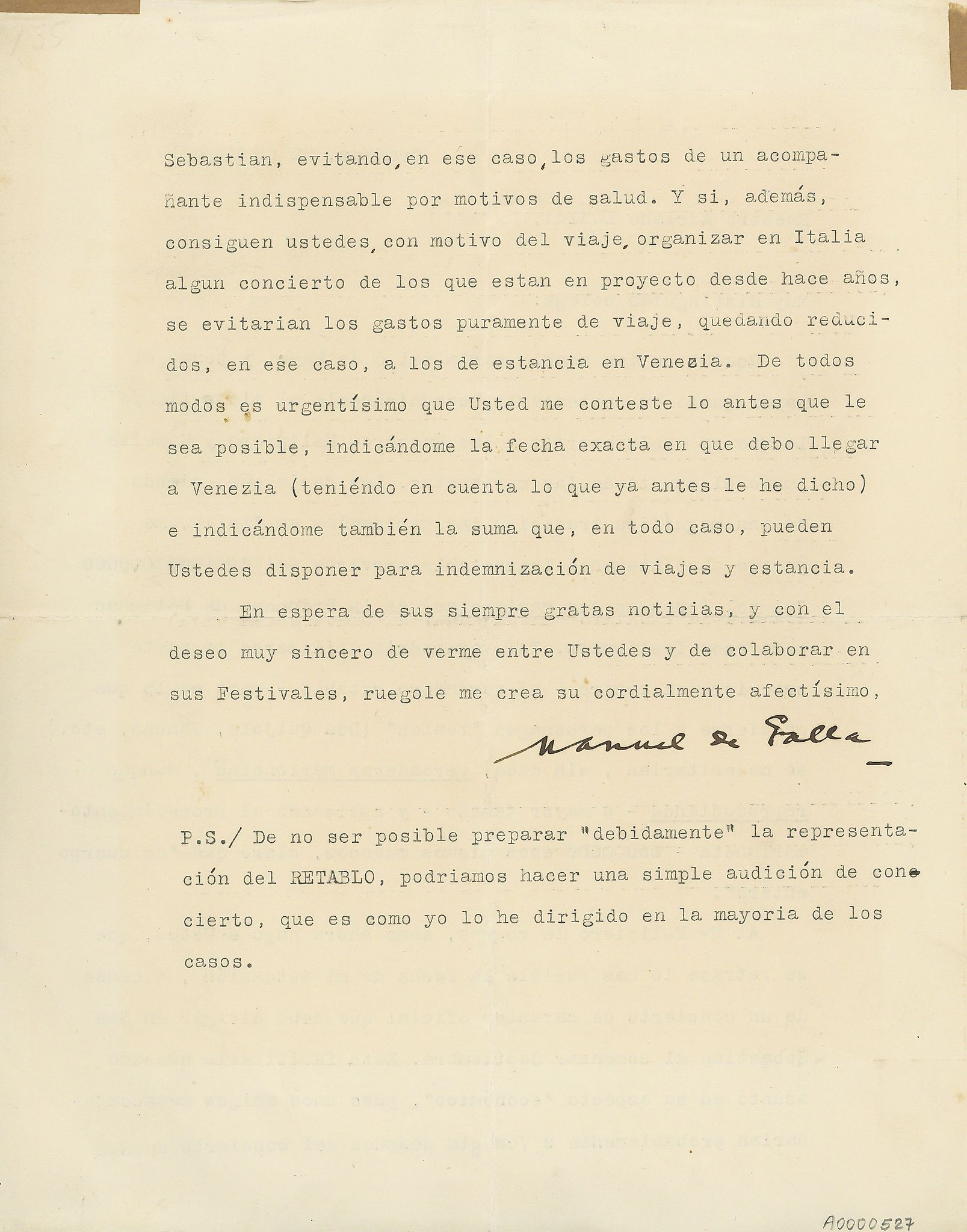 Typed Letter signed to "Muy distinguido colega", 2pp  (Manuel de,  Spanish composer,   1876-