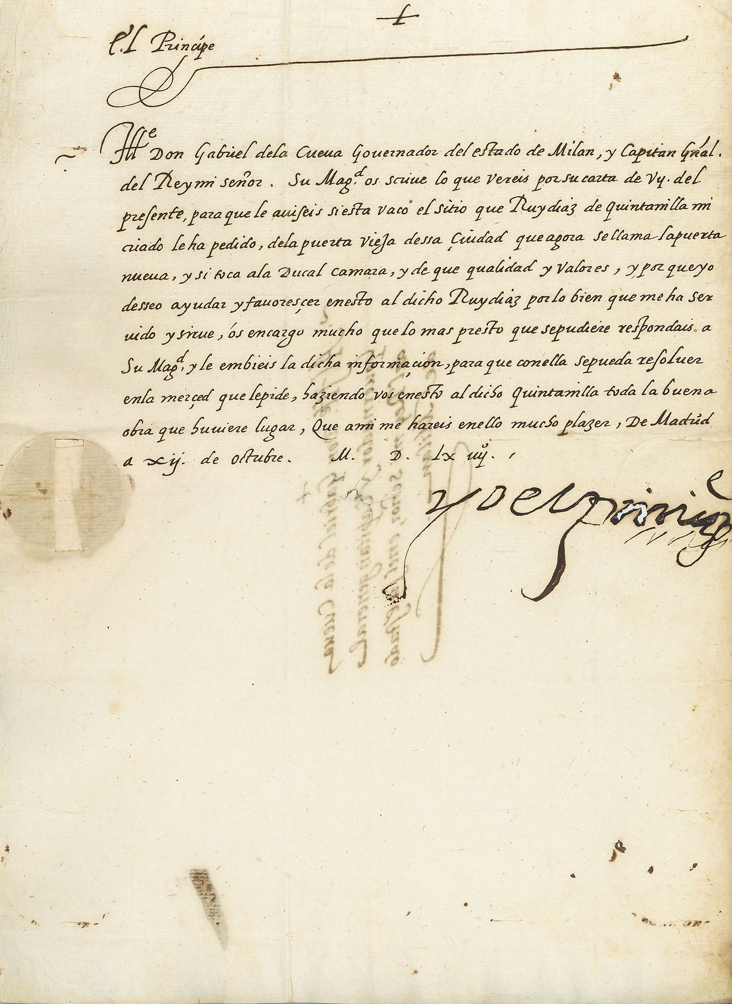 Letter signed "Yo el princípe" to Gabriel de la Cueva y Girón  ( Prince of Asturias, eldest son of