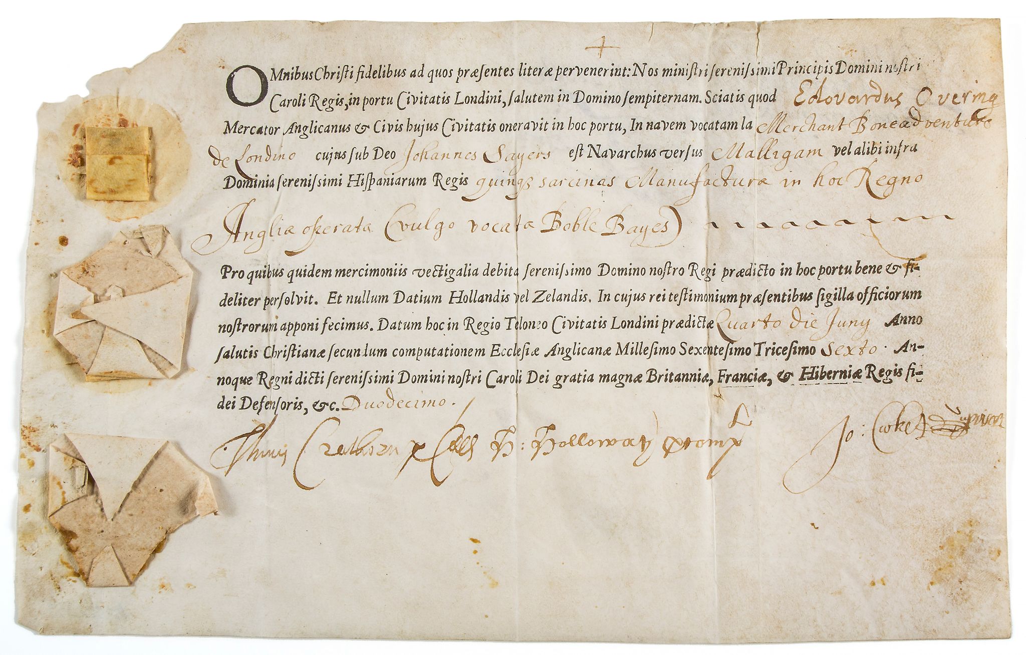 Customs document for Edward Overing merchant  Customs document for Edward Overing merchant, and John