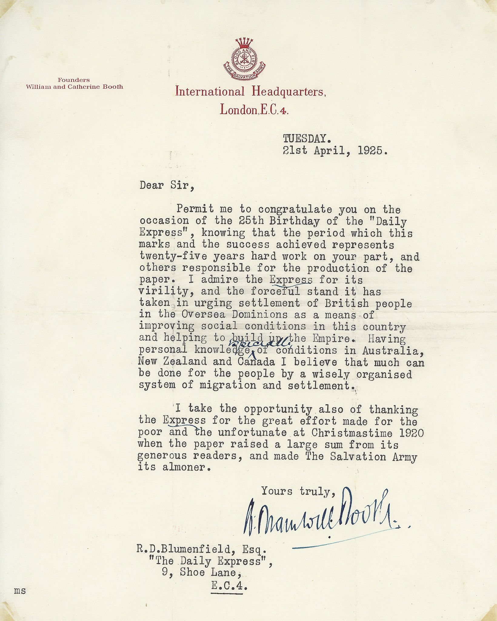 Typed Letter signed to Ralph Blumenfeld, editor of The Daily Express, 1p., sm  (William Bramwell,
