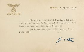 Typed card signed to Leonore Homann-Webau, of Mannheim, 1p  (Adolf,  dictator,   1889-1945)    Typed