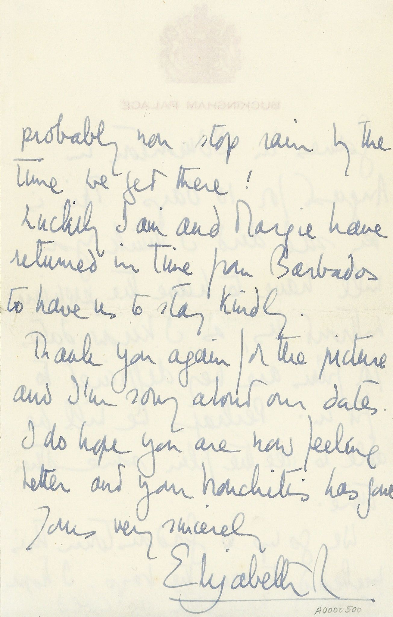 Autograph Letter to "Dear John", 4pp., 8vo, Buckingham Palace  ( Queen of the United Kingdom of