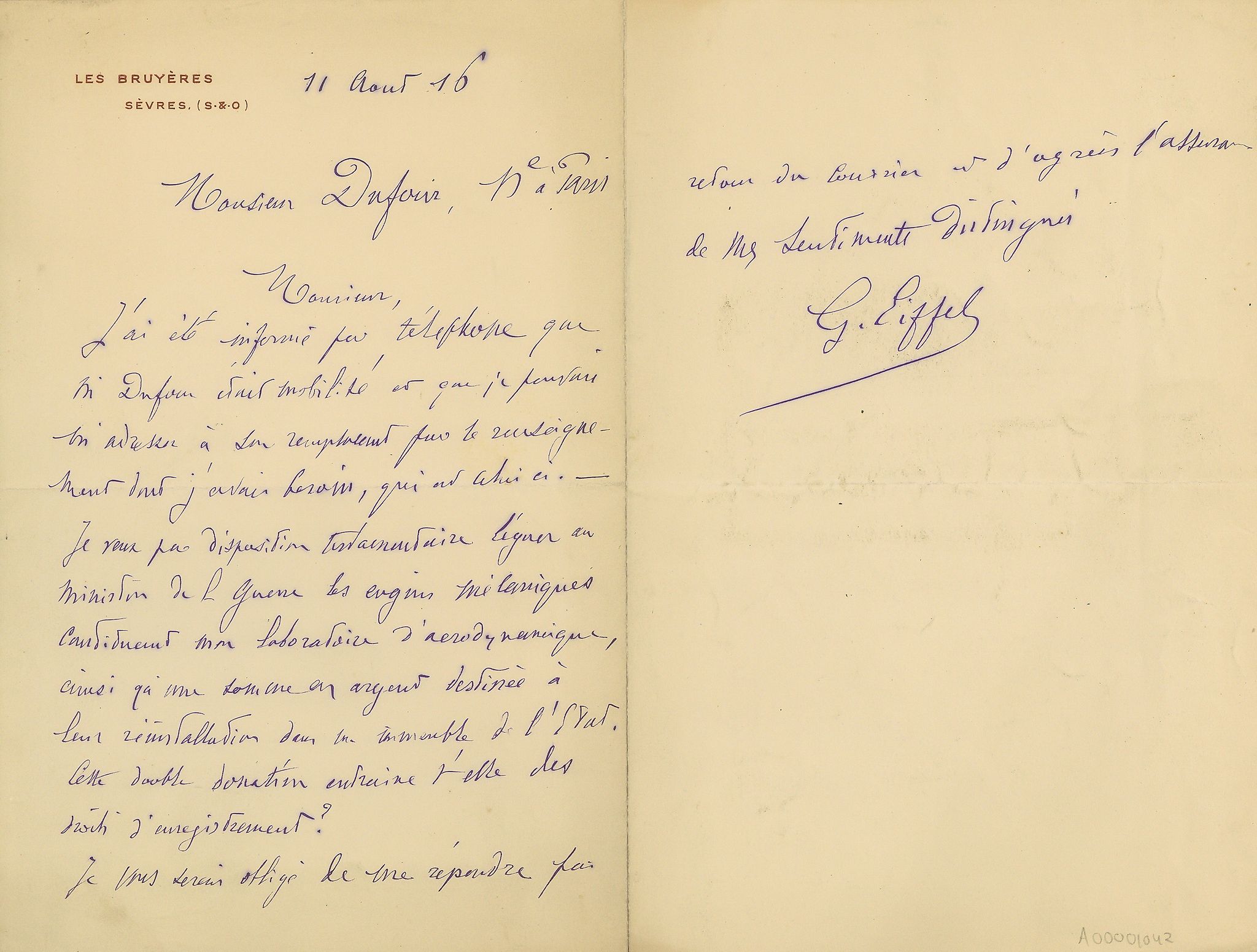 Autograph Letter signed to "Monsieur", 2pp  (Gustave,  civil engineer and architect,   1832-