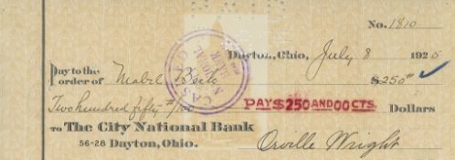 Signed cheque for $250, 81 x 218mm., 8th July 1925.  (Orville,  American pioneer aviator,   1871-