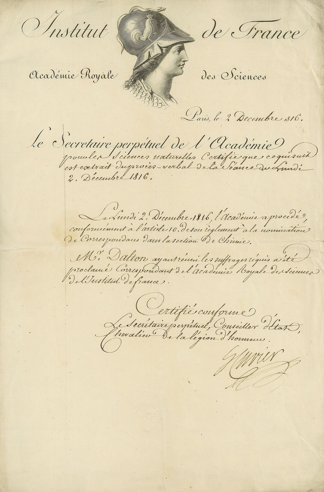 Certificate signed "G Cuvier" electing John Dalton as Corresponding Member...  (Georges,  French