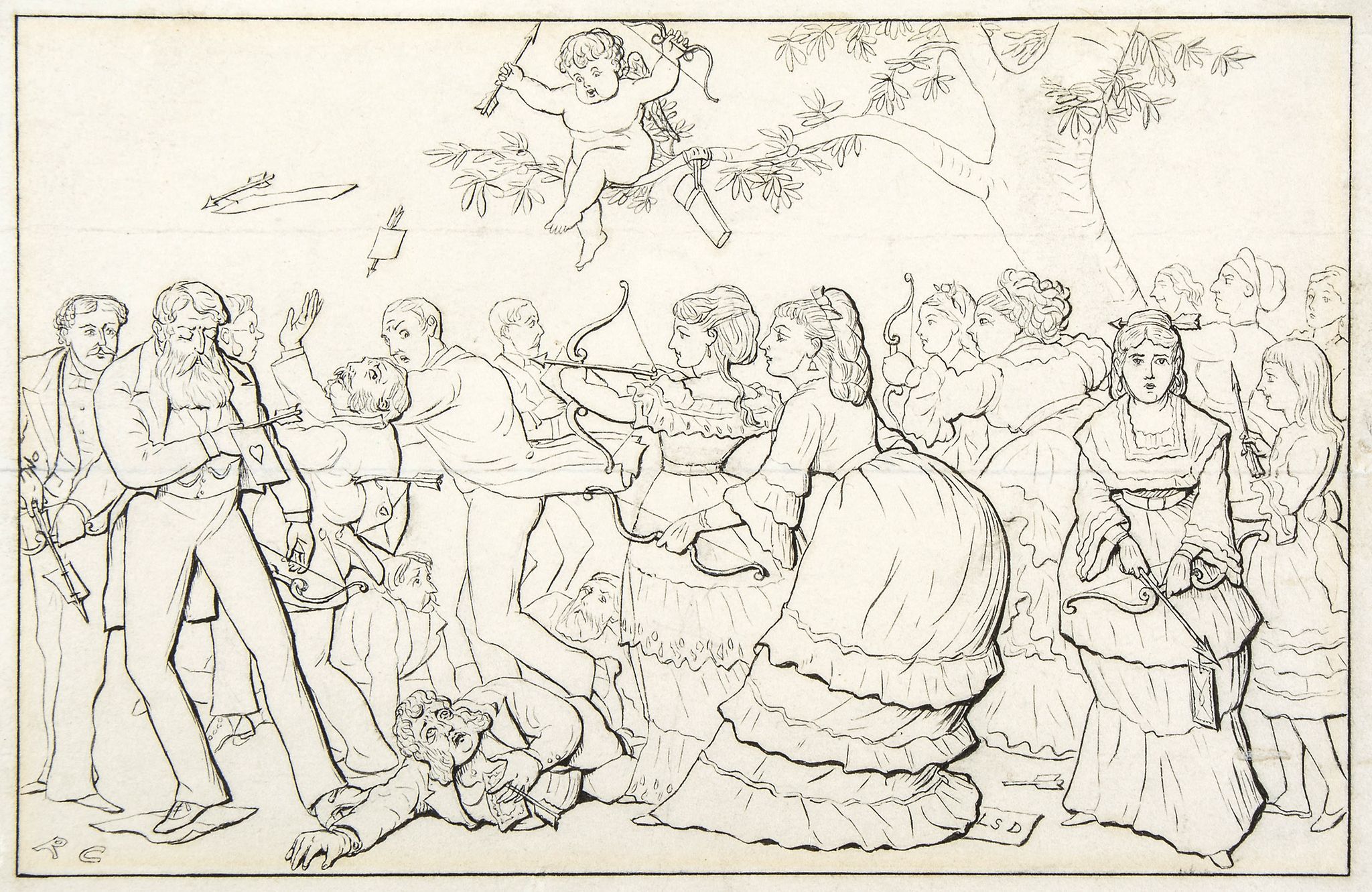 Caldecott (Randolph) - Cupid in Society,  2 pen and ink drawings, possibly over pencil, of  groups