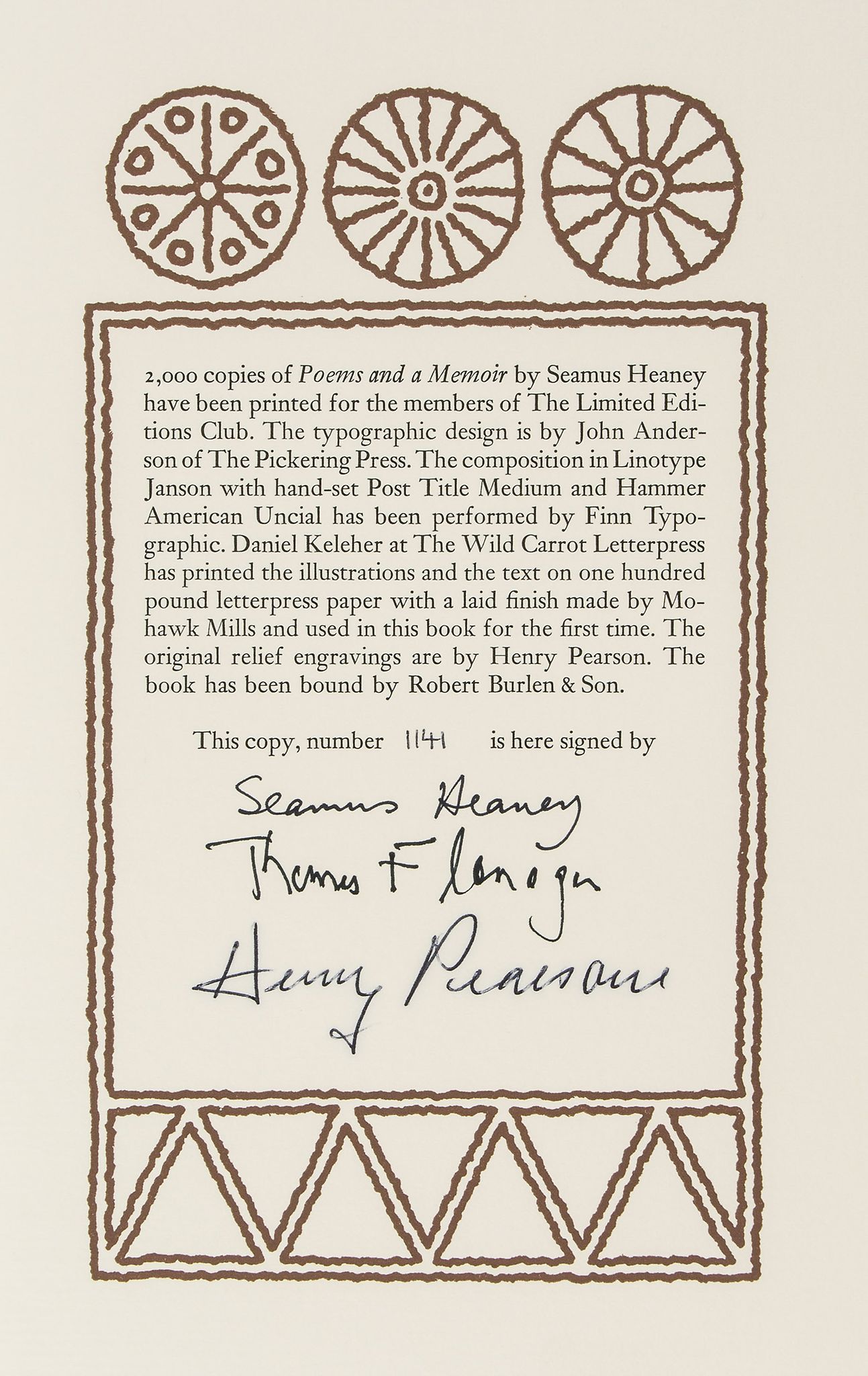 Heaney (Seamus) - Poems and a Memoir,  limited edition signed by the author, artist and