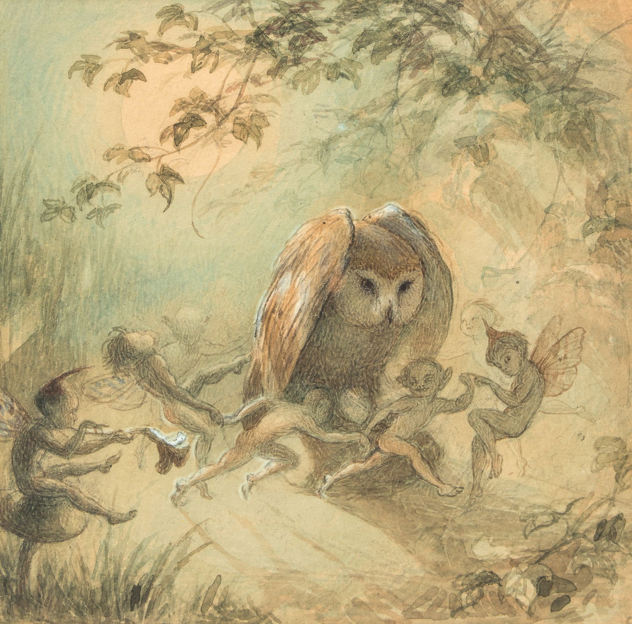 Doyle (Richard) - 'The Owl and the Fairies',  original pen, ink and wash drawing, initialled by