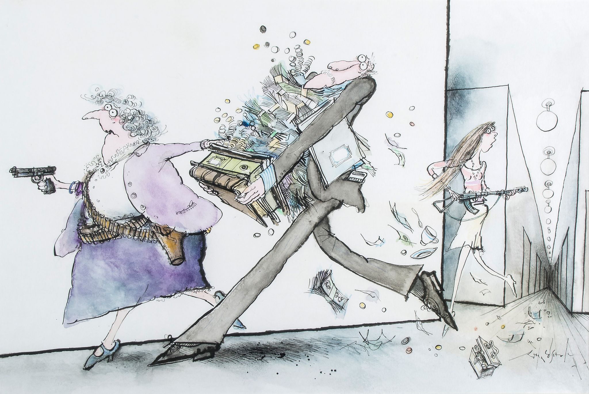 Searle (Ronald) - 'Cash Protection',  original pen, ink and water colour illustration, signed by the