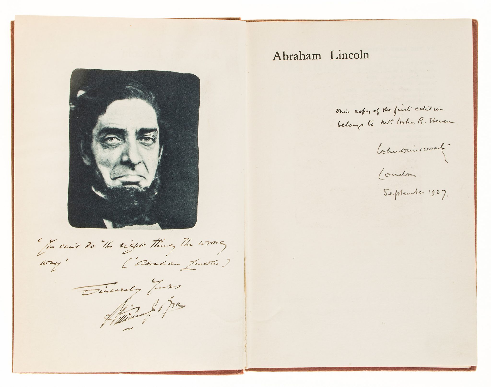 Drinkwater (John) - Abraham Lincoln, A Play,   first edition, signed and inscribed by the author