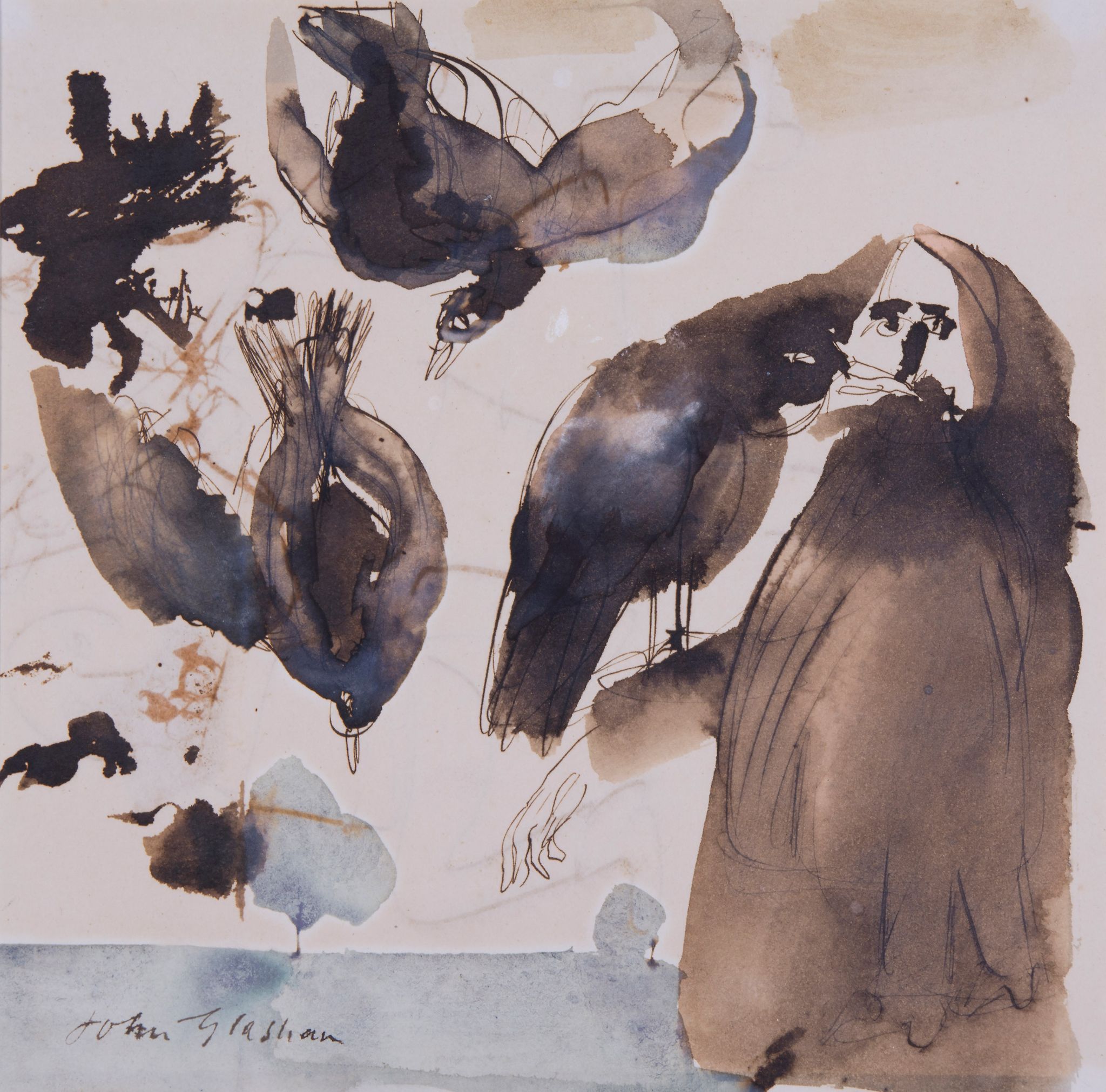 Glashan (John) - Bearded figure with crows, characteristic original cartoon artwork,   pen and ink