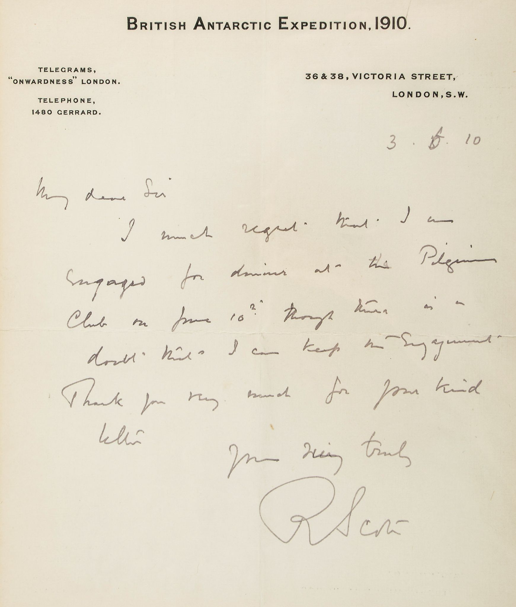 Scott Autograph letter signed to 'My Dear Sir' , 1p, sm  Scott ( Captain   Robert Falcon,  naval