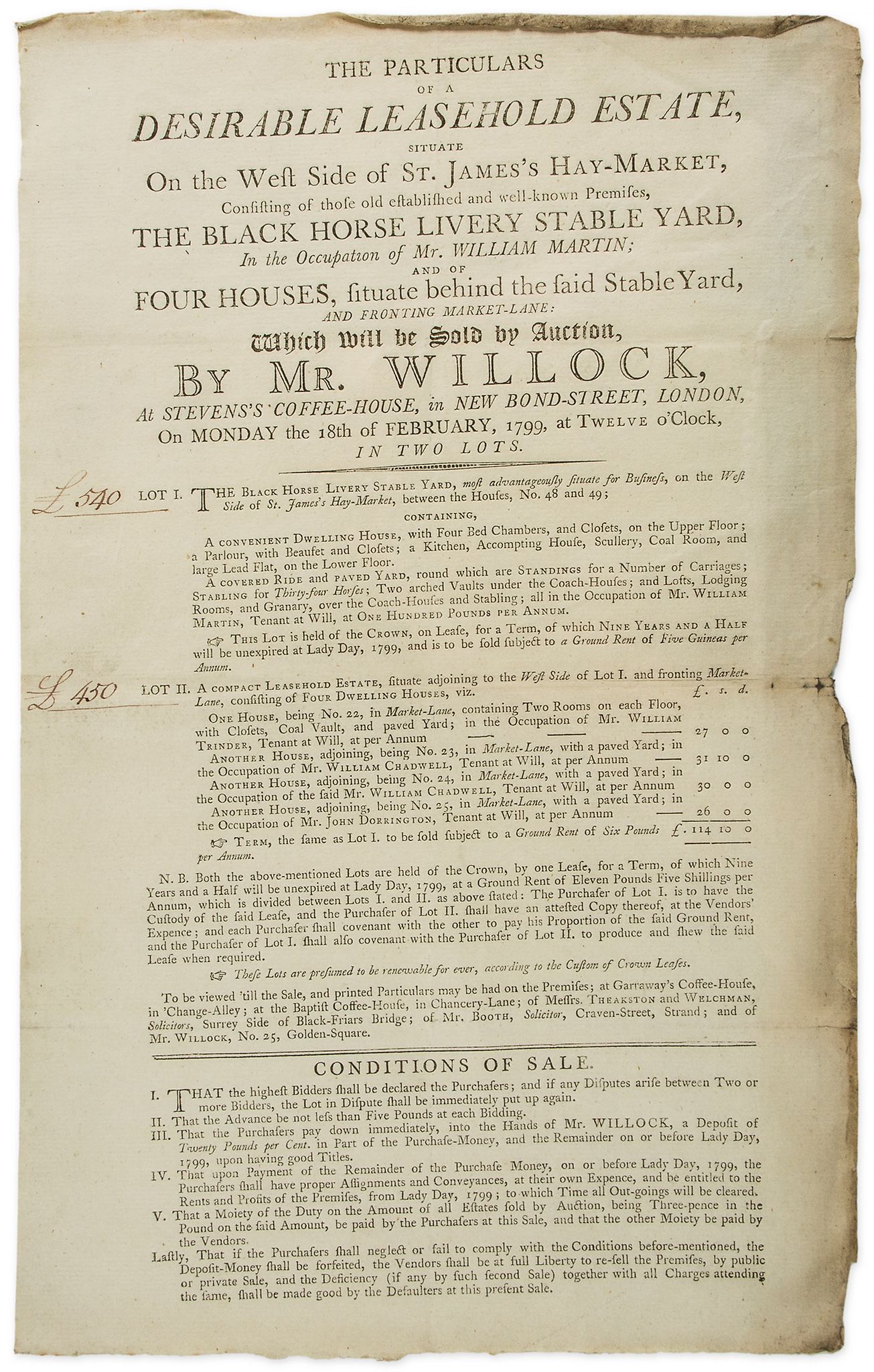 Ellis Inn and Stable-Yard, Haymarket. Particulars and Conditions of Sale of...  Ellis (William,