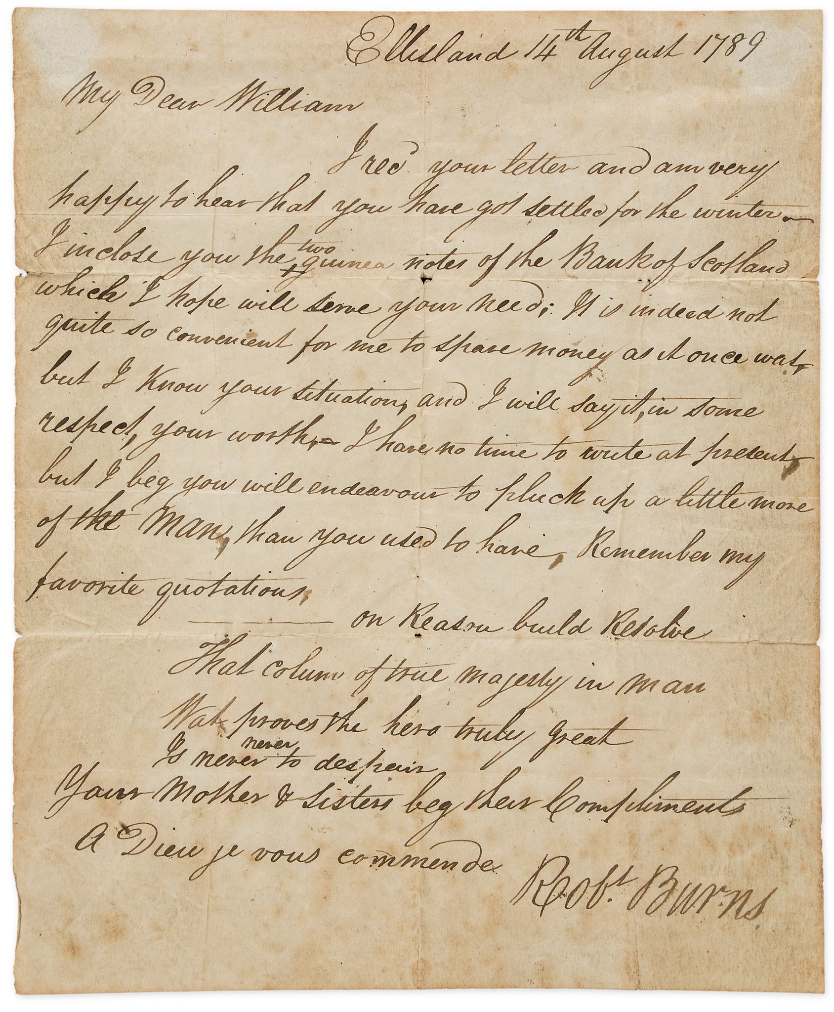 Autograph Letter signed to his brother "My Dear William", 1p., sm  (Robert,  poet,   1759-96)