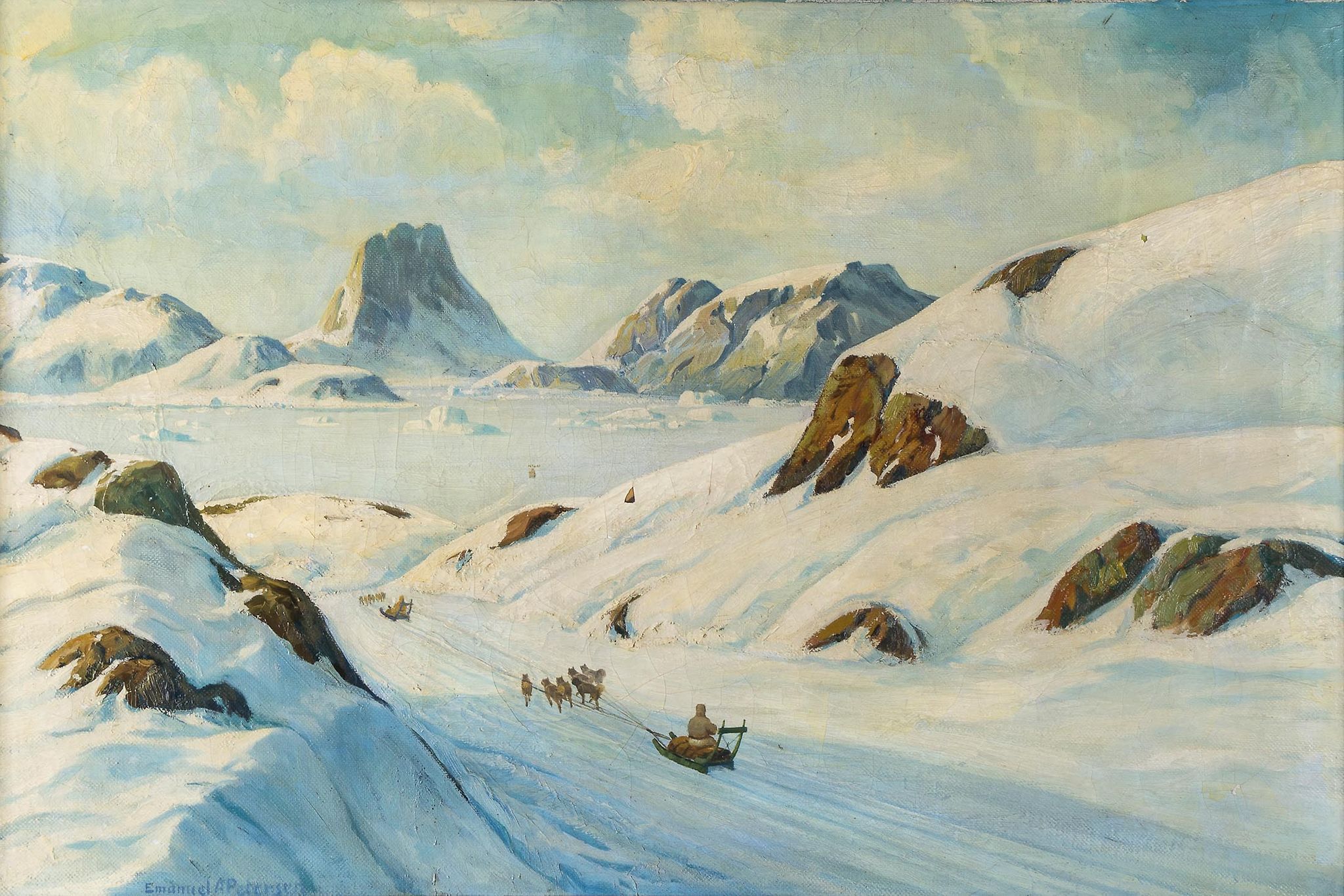 Petersen (Emanuel A.) - Dog sledding in Greenland, oil on canvas, 600 x 900mm., signed lower left, a