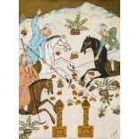 India.- - Miniature depicting three figures on horseback playing polo,  single leaf with Arabic text