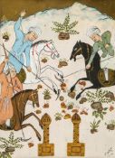 India.- - Miniature depicting three figures on horseback playing polo,  single leaf with Arabic text