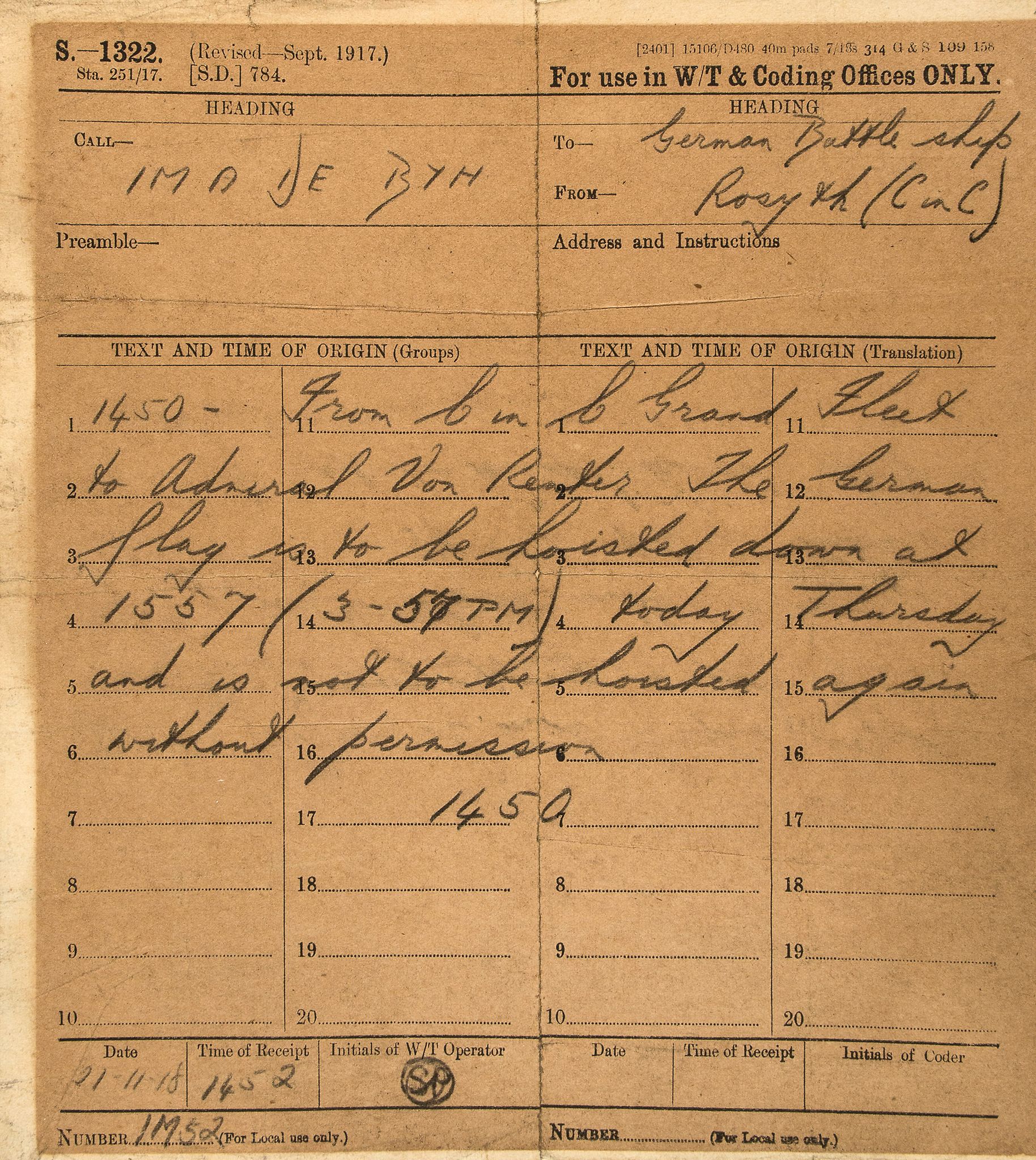 Telegram from "C in C Grand Fleet" [Admiral Beatty] to Admiral Von Reuter...  Telegram from "C in