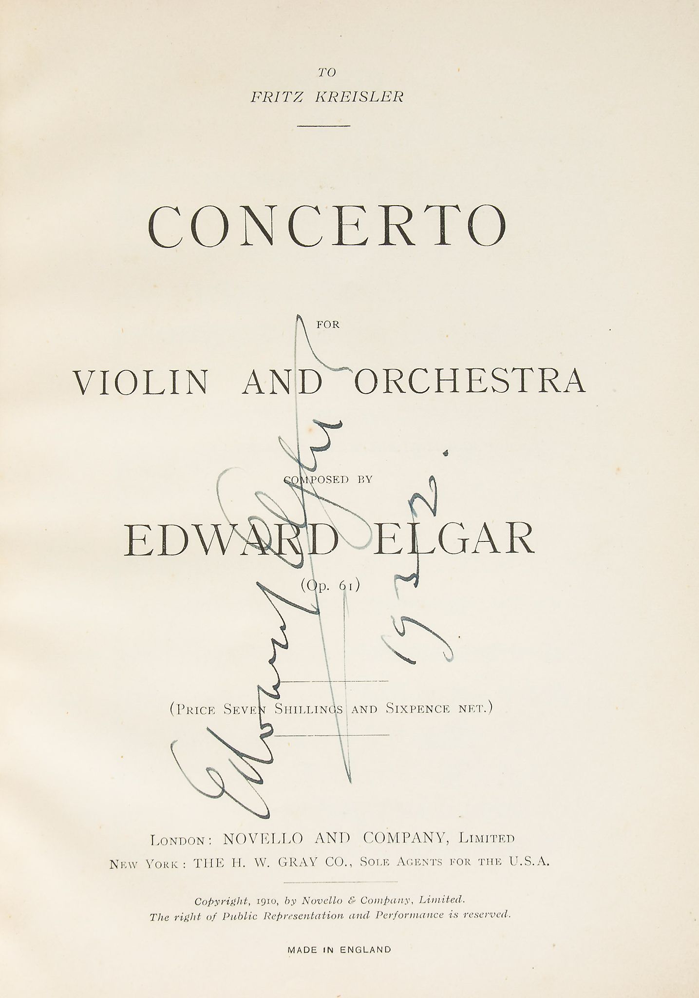 Concerto for Violin and Orchestra, musical score  ( Sir   Edward,  composer  , 1857-1934)   Concerto