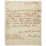 Letter signed to Charles Lockyer, 1p., 8vo, n.p  ( Sir   Hans,  baronet, physician and