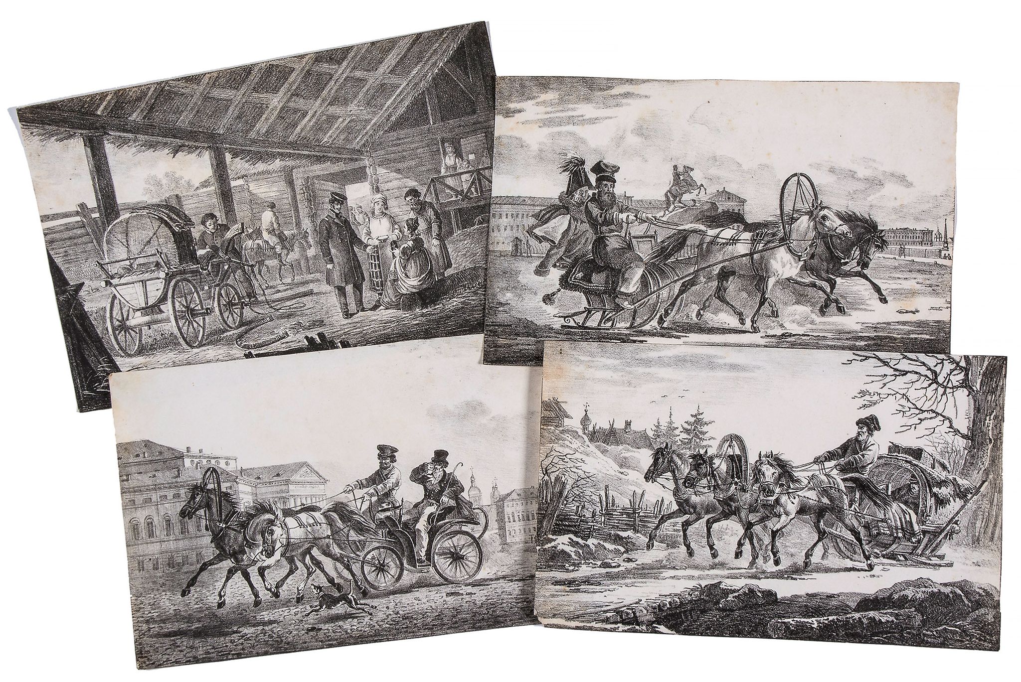 Orlowski (Aleksander) After. - A group of 8 small Russian horse and carriage or sleigh scenes,