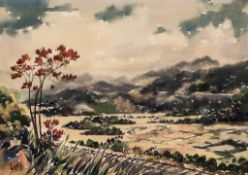 Ling (Kam Cheong) - Railway and distant mountains, South China,  watercolour over pencil, 260 x