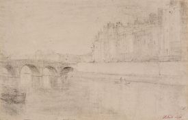 Lépine (Stanislas) - Le Pont Neuf, Paris,  charcoal drawing, 310 x 465mm., studio inkstamp lower