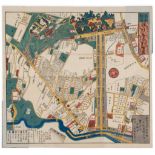 Owariya (Seishichi) Publisher. - [Plan of the Zoshigawa and Otowa suburbs of Tokyo],  colour-printed