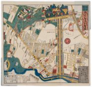 Owariya (Seishichi) Publisher. - [Plan of the Zoshigawa and Otowa suburbs of Tokyo],  colour-printed