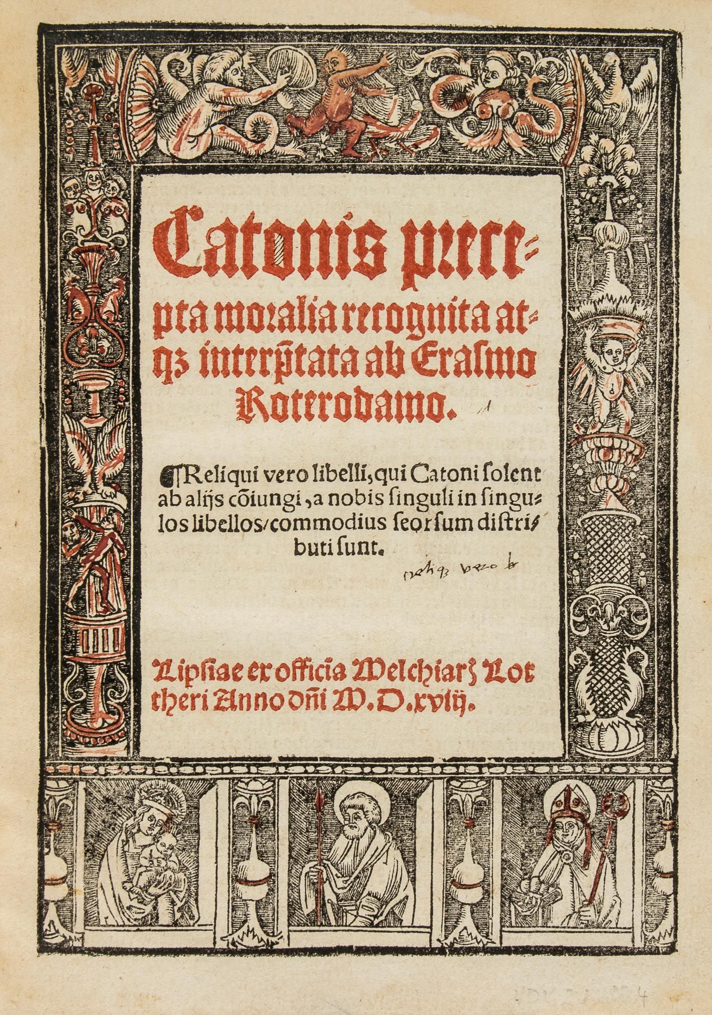 editor ) Cato Precepta Moralia, title in red and black within an ornate...  editor  ) Cato (