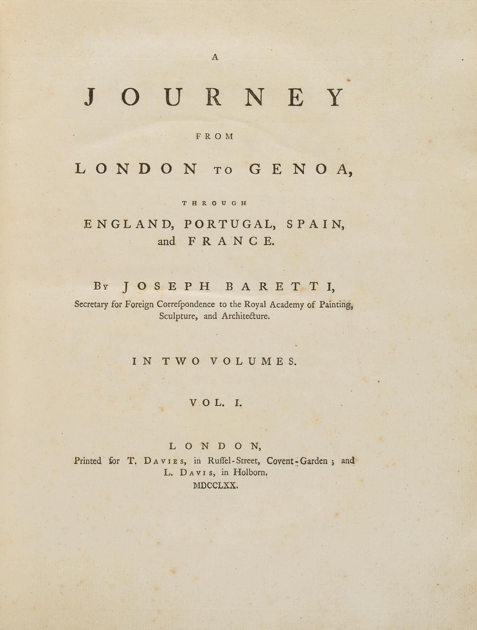 Baretti (Joseph) - A Journey from London to Genoa, &c, 2 vol.,   first edition  ,   half-titles,