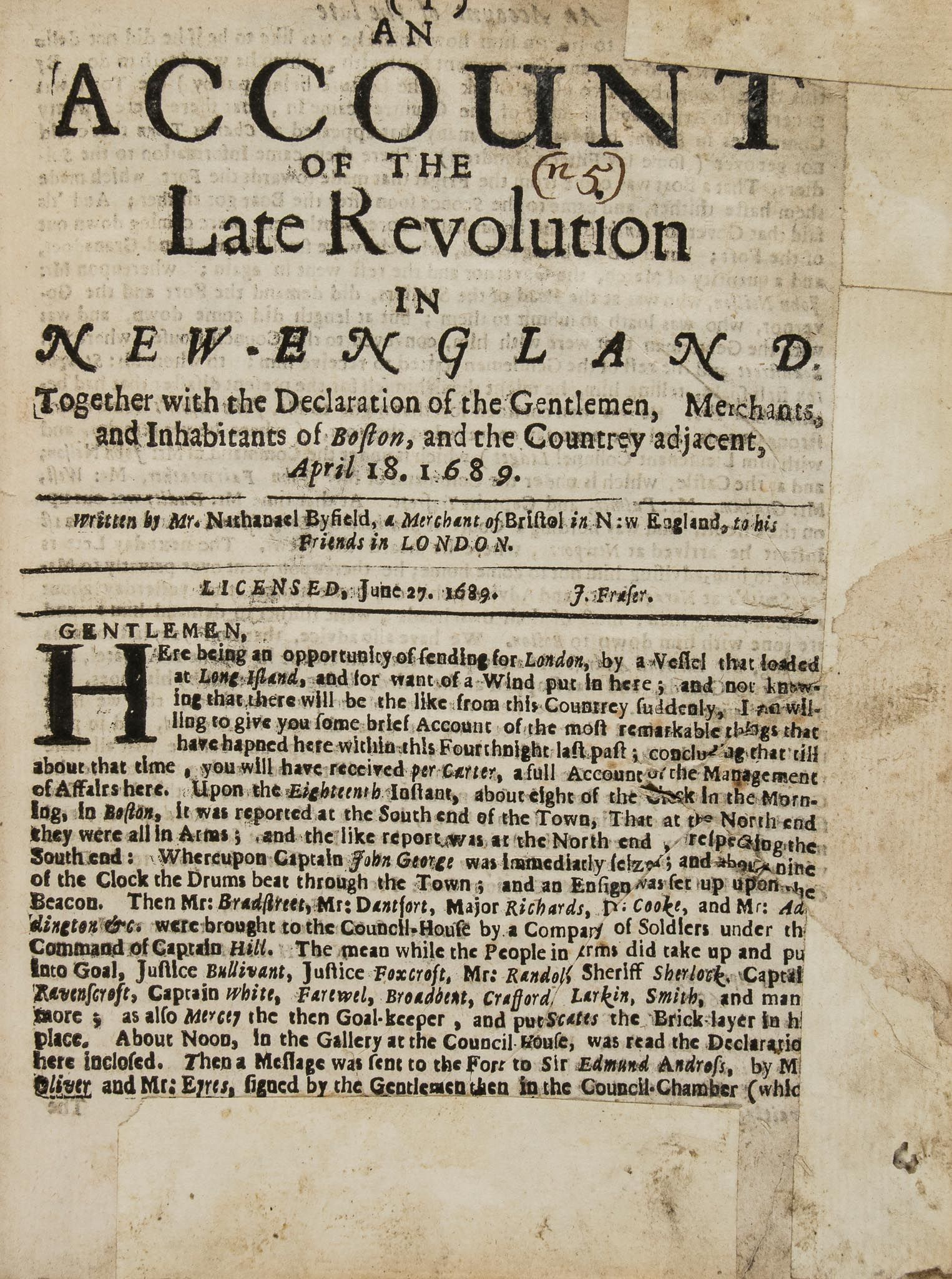 Byfield (Nathaniel) - An Account of the Late Revolution in New-England,  caption title, 7pp.,