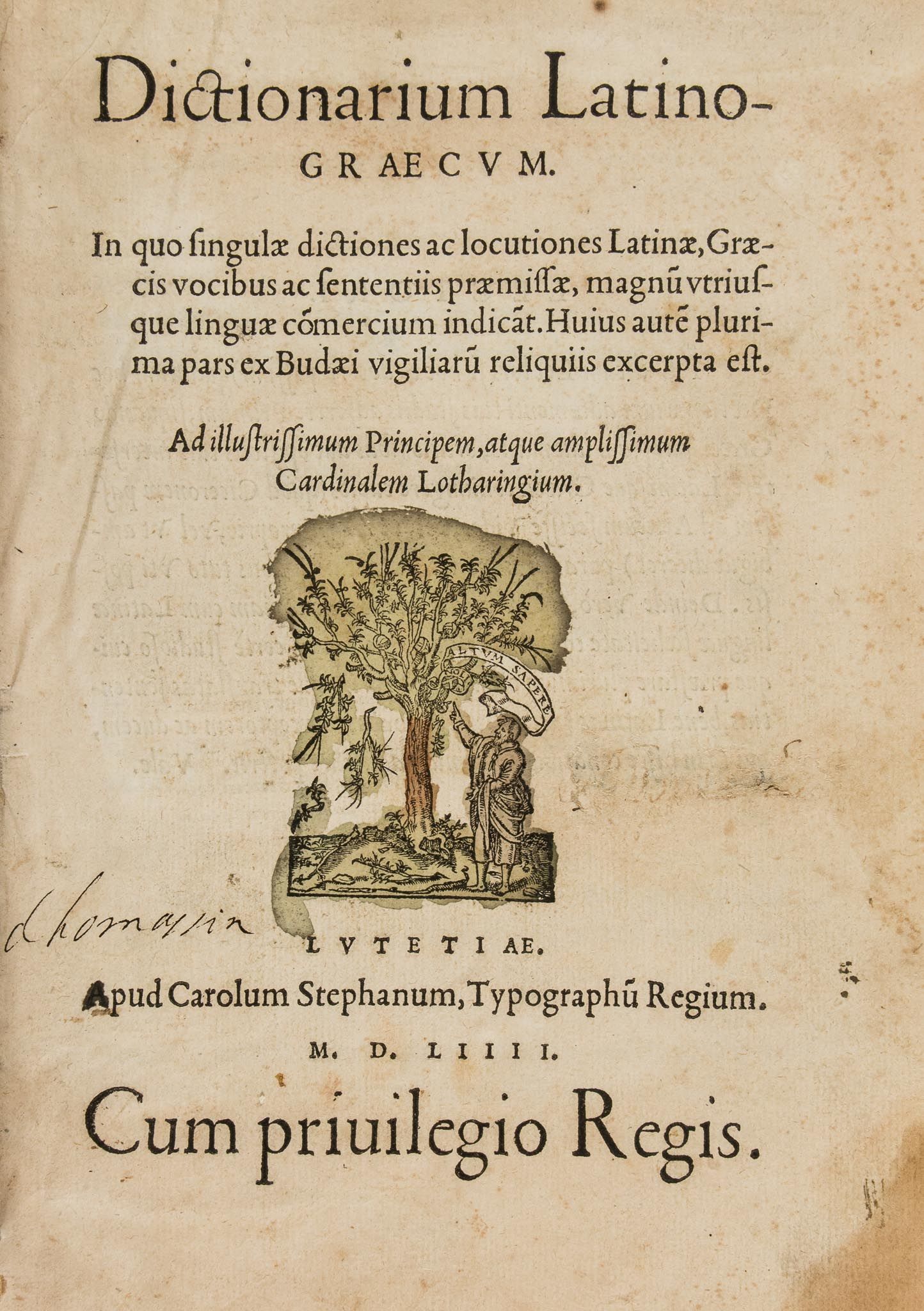 [Estienne (Charles)] - Dictionarium Latino-Graecum,  double column, title with hand-coloured woodcut