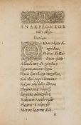 Anacreon. - Teij Odæ,  text in Greek and Latin, title with woodcut printer's device, woodcut initial