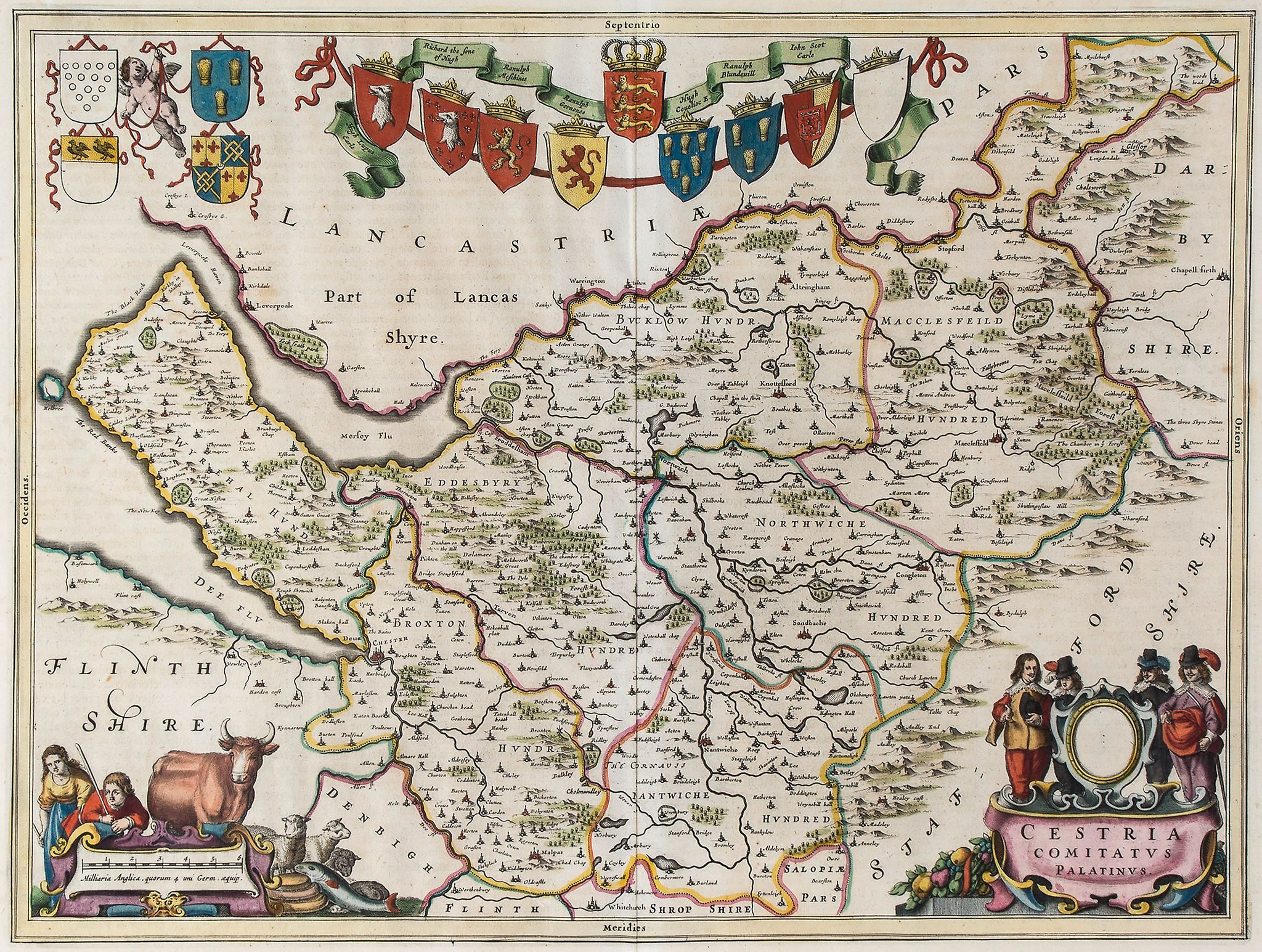 Cheshire.- Blaeu (Johan and Willem) - Cestria Comitatus Palatinus, county map of Cheshire with