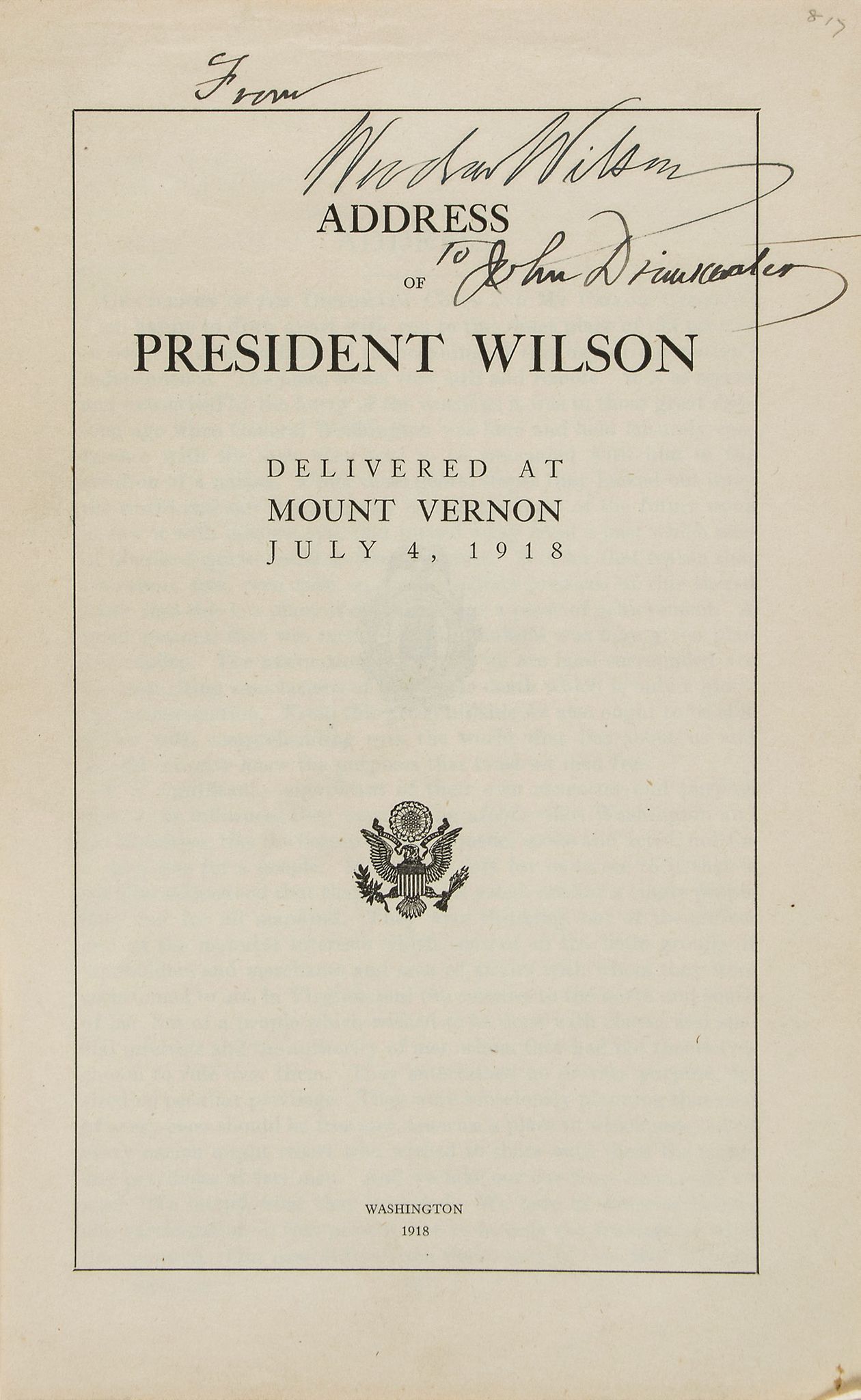 Address of President Wilson Delivered at Mount Vernon…  (Woodrow,  President of the United States,