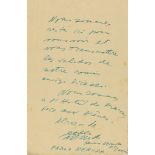 Autograph Note signed “Pablo Neruda” to ?André Castel, 1p  (Pablo,  poet, diplomat and politician,