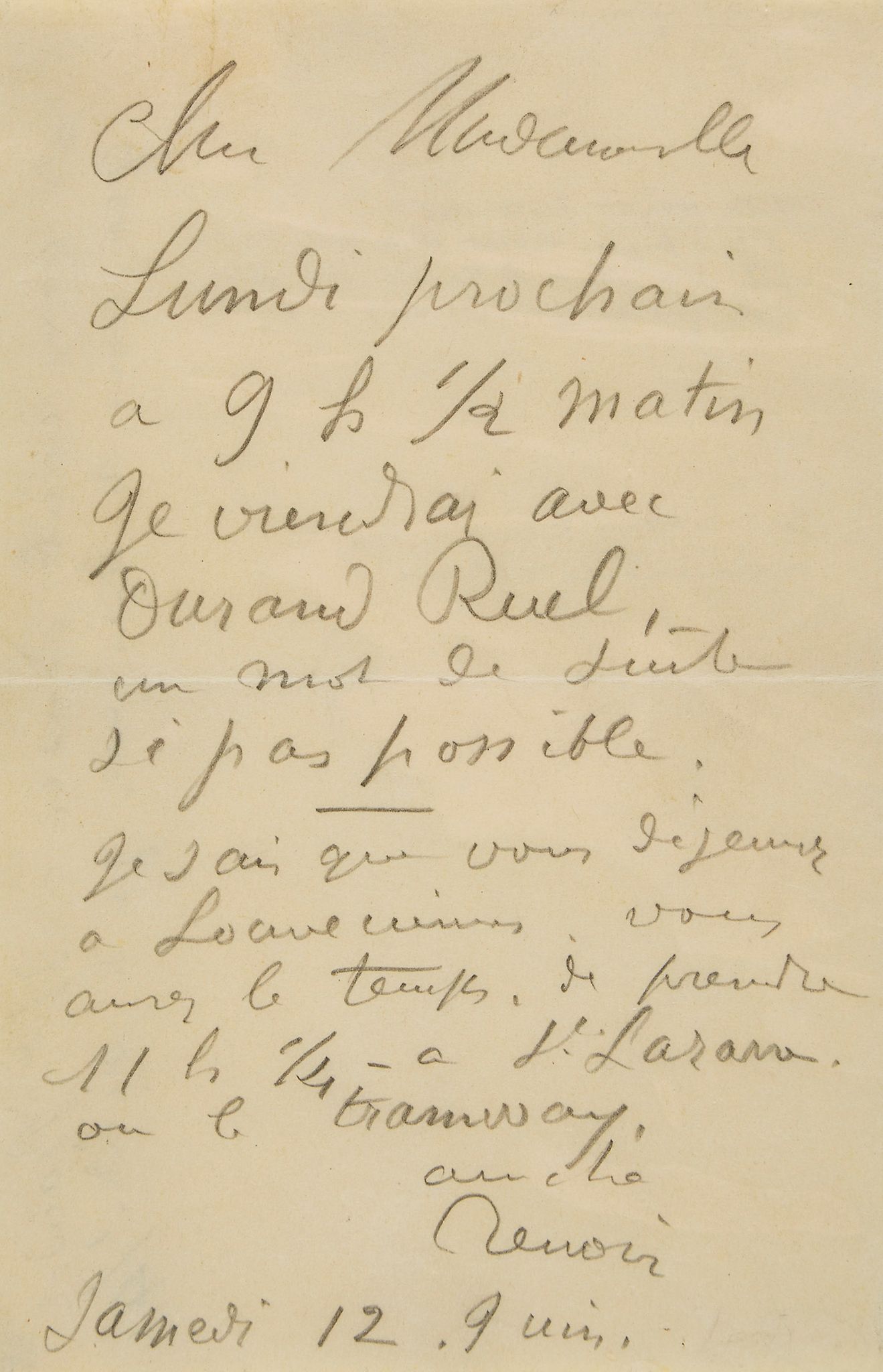 Autograph letter signed "Renoir" to Julie Manet, 1p  (Auguste,  French painter,   1841-1919)