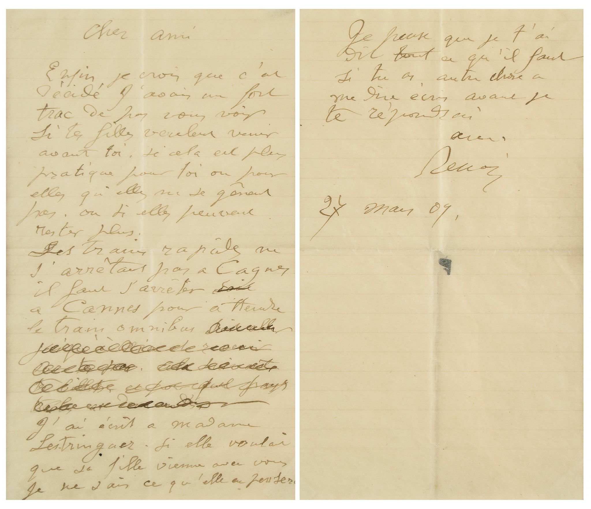 Autograph letter signed "Renoir" to an unnamed correspondent, 2pp  (Auguste,  French painter,