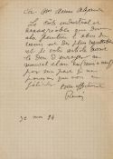 Autograph letter signed "Renoir" to the art-collector Arsene Alexandre, 1p  (Auguste,  French