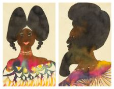 Chris Ofili (b. 1968) - Double Afro Head, 1999 watercolour and graphite on paper, in two parts, each