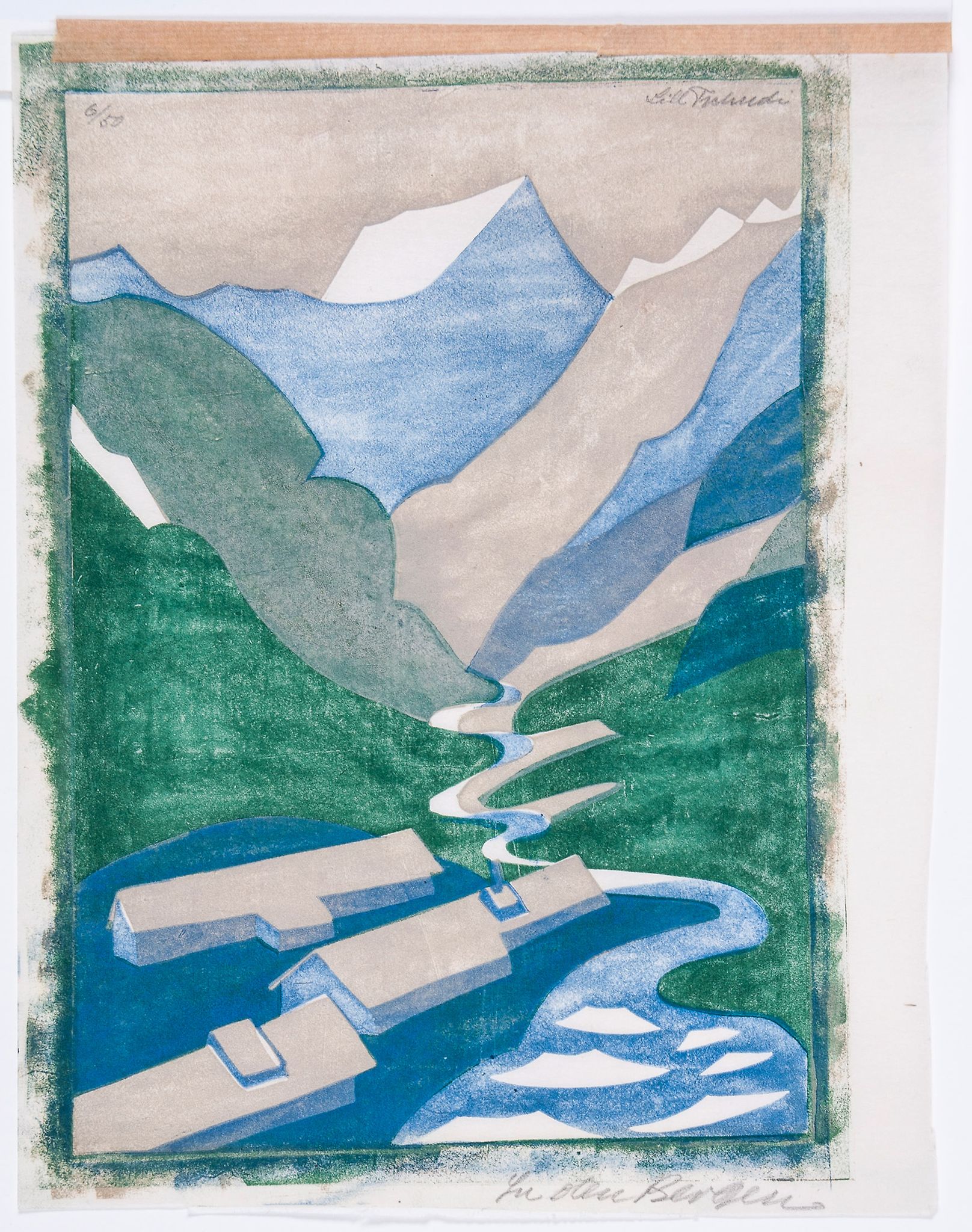 Lill Tschudi (1911-2004) - Moutain Valley (C.L.T. 21) the rare linocut printed in colours, 1931, - Image 2 of 2