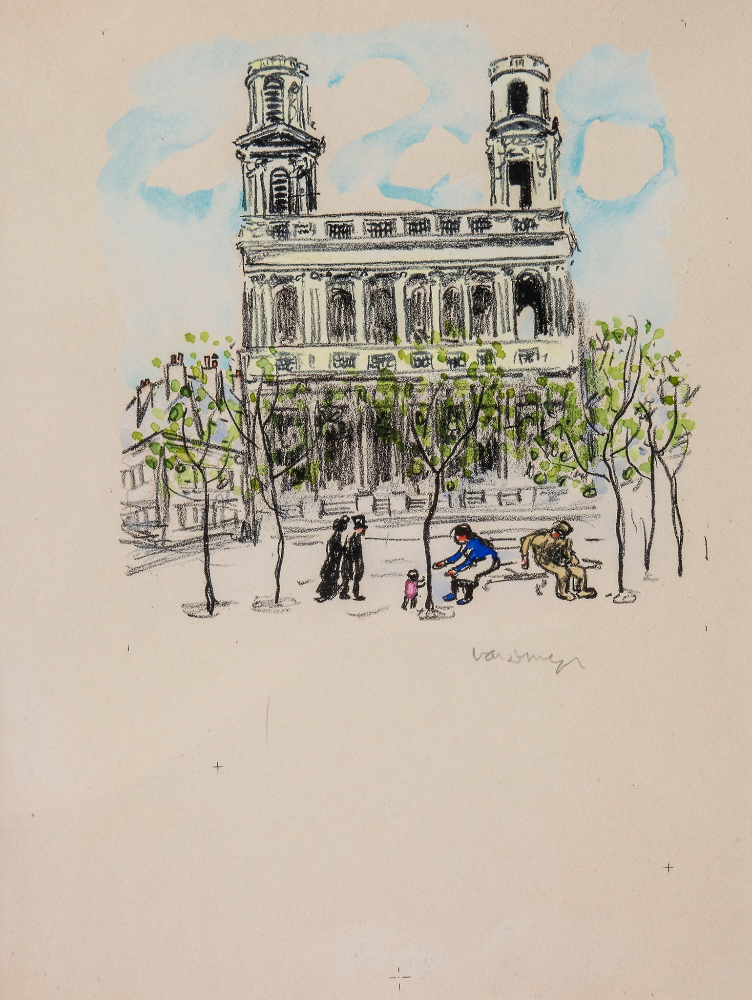 Kees van Dongen (1877-1968) - La Place Saint Sulpice lithograph with extensive hand-colouring in