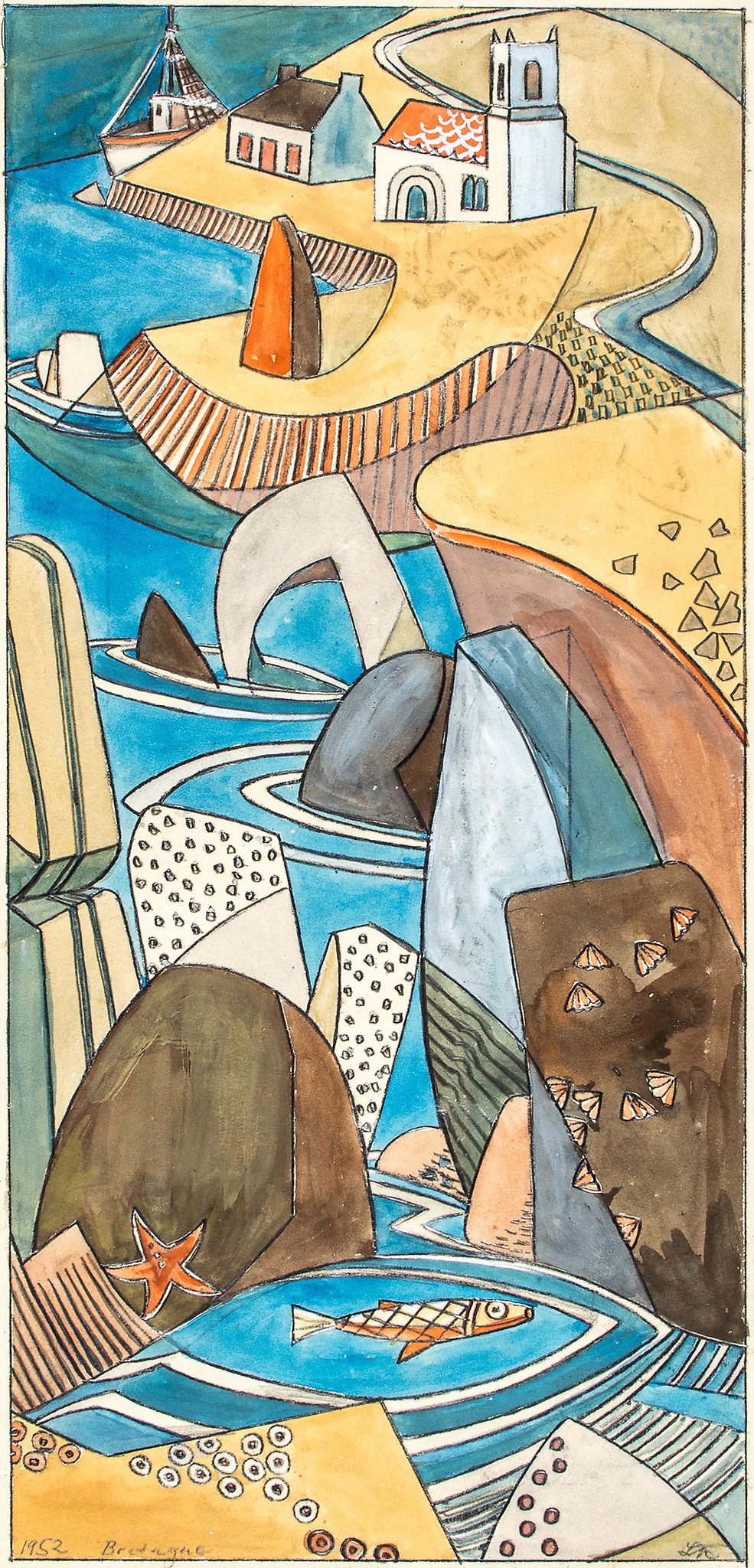 Lill Tschudi (1911-2004) - Bretagne (Not in C.L.T.) gouache and graphite with a reversed version