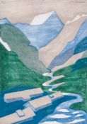 Lill Tschudi (1911-2004) - Moutain Valley (C.L.T. 21) the rare linocut printed in colours, 1931,