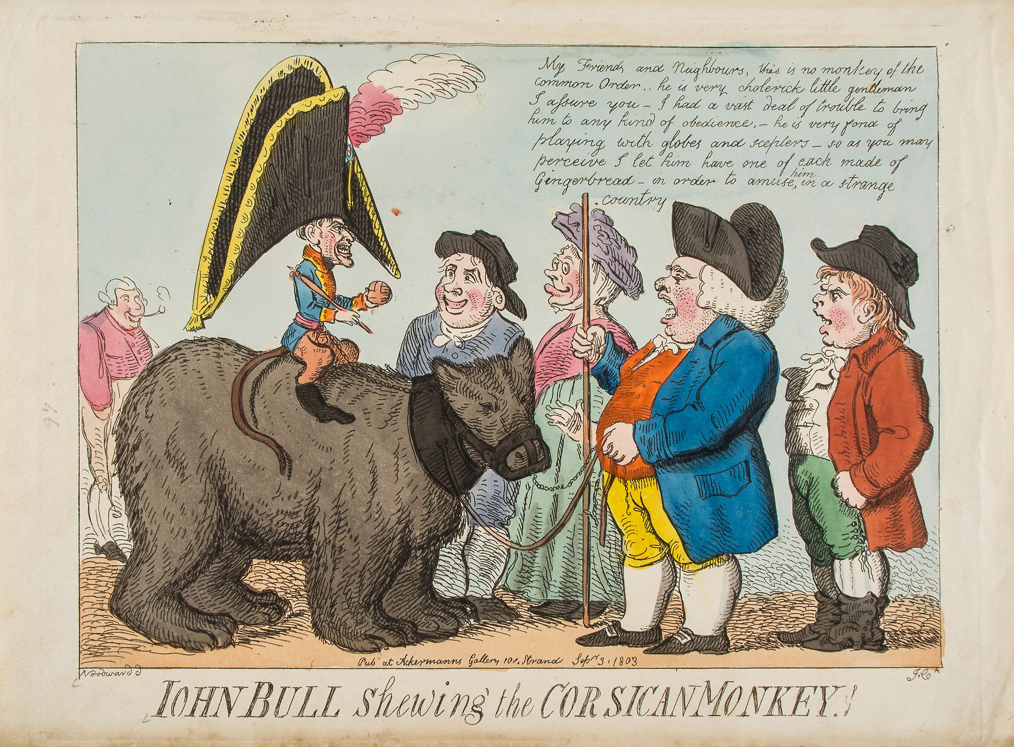 Woodward (George Moutard) After. - John Bull shewing the Corsican Monkey! a crowd gathers around